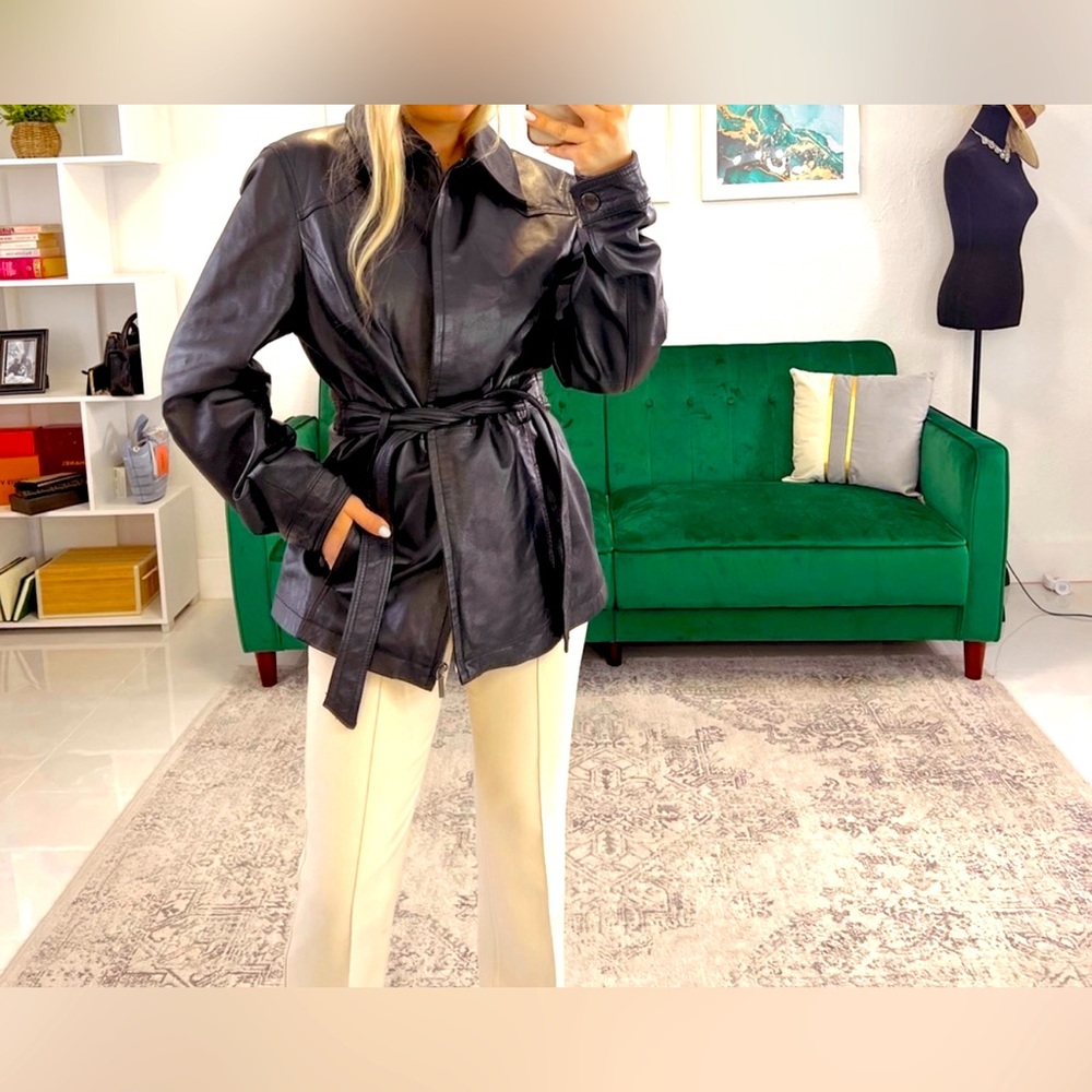 Genuine Leather Women’s Belted Jacket
